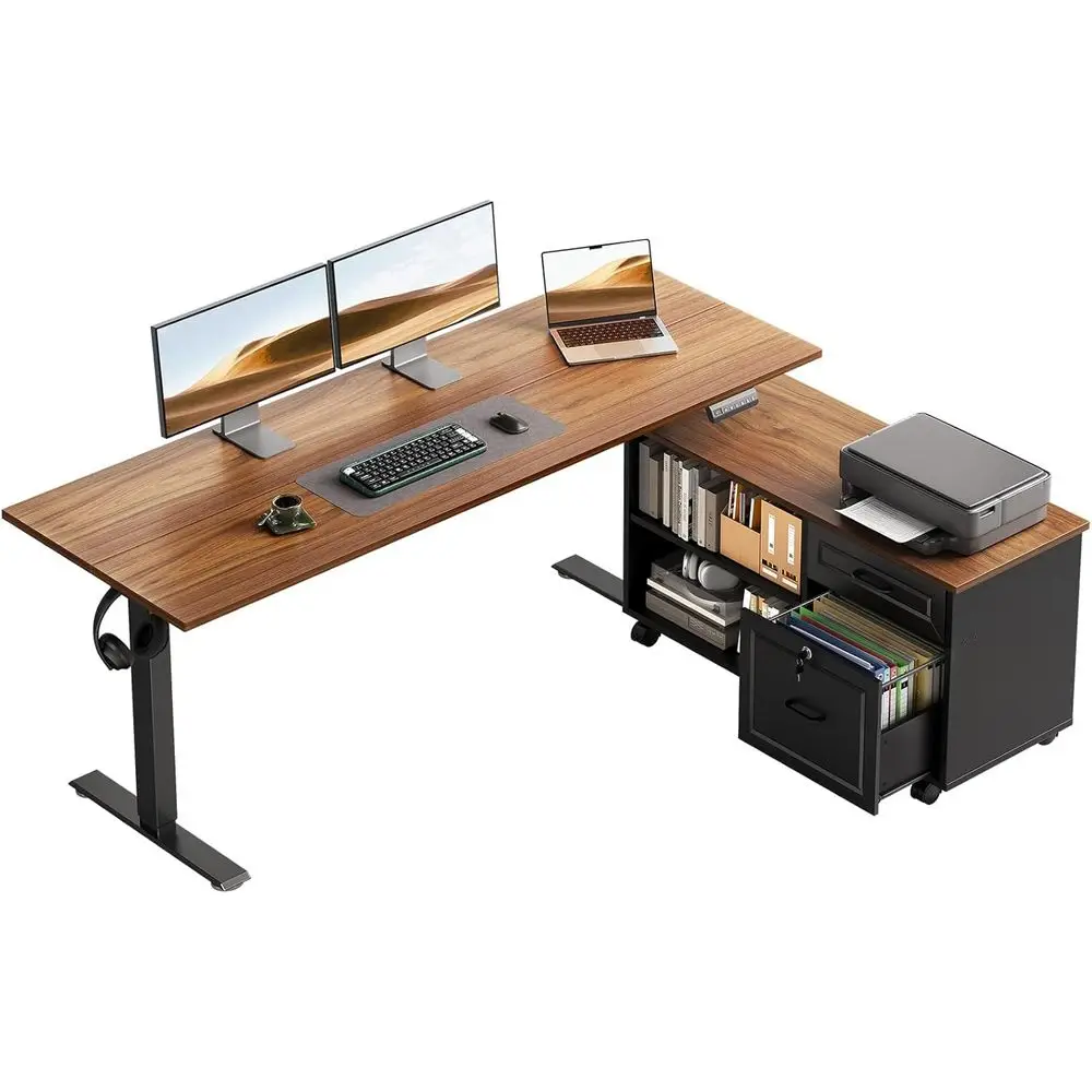 Home Office L Shaped Desk - โต๊ะทำงานไฟฟ้ารูปตัว L ขนาด 55 นิ้ว พร้อมลิ้นชักและตู้เก็บของ