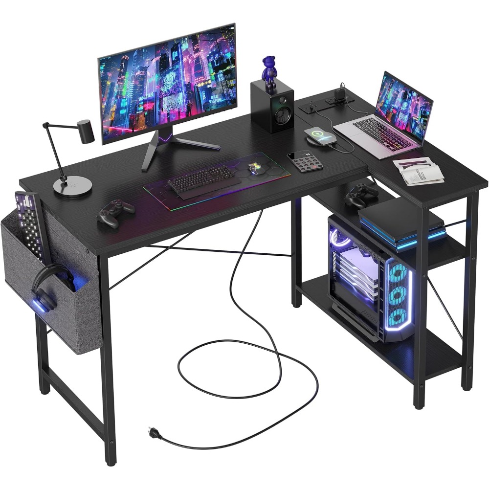 Home Office L Shaped Desk - โต๊ะคอมพิวเตอร์รูปตัว L พร้อมปลั๊กไฟ โต๊ะเข้ามุมขนาด 47 นิ้ว