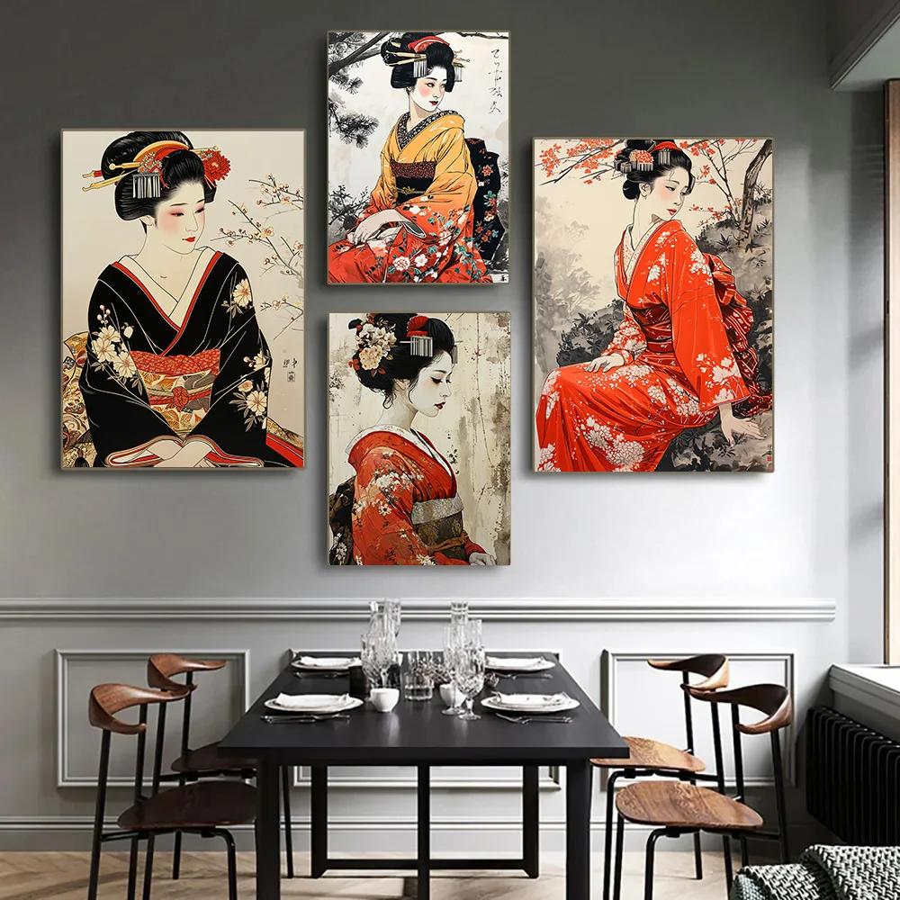 Home Office Room Inspiration - ภาพศิลปะบนผืนผ้าใบสำหรับติดกำแพงเกอิชากิโมโนหรูหราได้รับแรงบันดาลใจจากญี่ปุ่นภาพวาดภายในชิ้นงานการตกแต่งบ้านสำหรับผนังสำนักงานห้องรับแขกห้องนอน