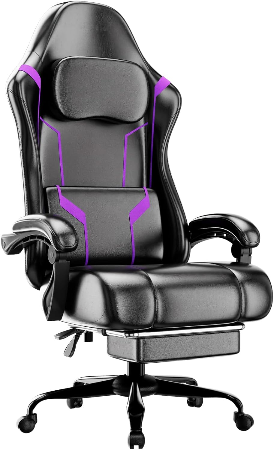 Home Office Ergonomics - เก้าอี้เล่นเกมตามหลักสรีรศาสตร์พร้อมเบาะพ็อกเก็ตสปริงและที่วางเท้า เก้าอี้คอมพิวเตอร์แบบหมุนปรับความสูงได้สำหรับโฮมออฟฟิศ สีม่วง