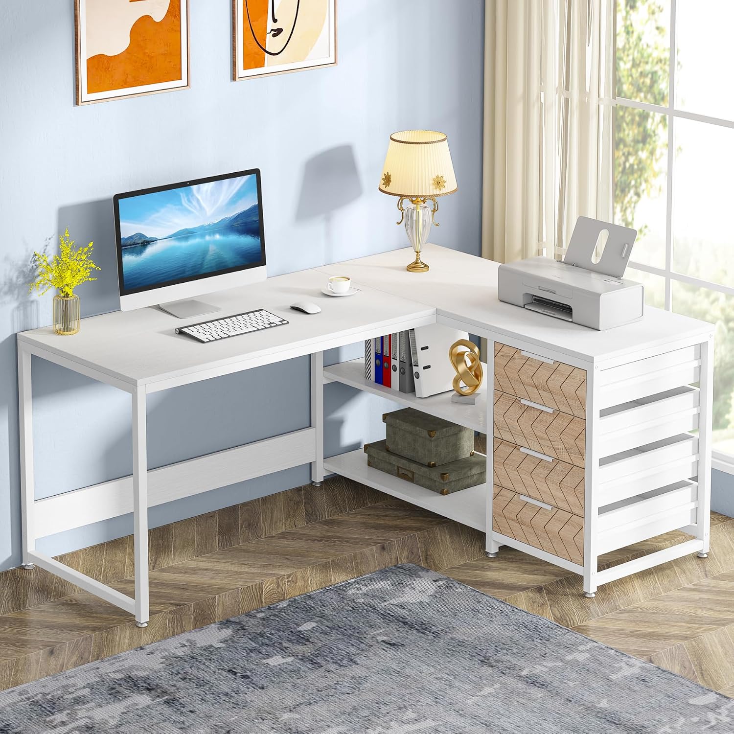 Home Office L Shaped Desk - โต๊ะคอมพิวเตอร์รูปตัว L พร้อมลิ้นชักและชั้นวางของ ขนาด 59 นิ้ว