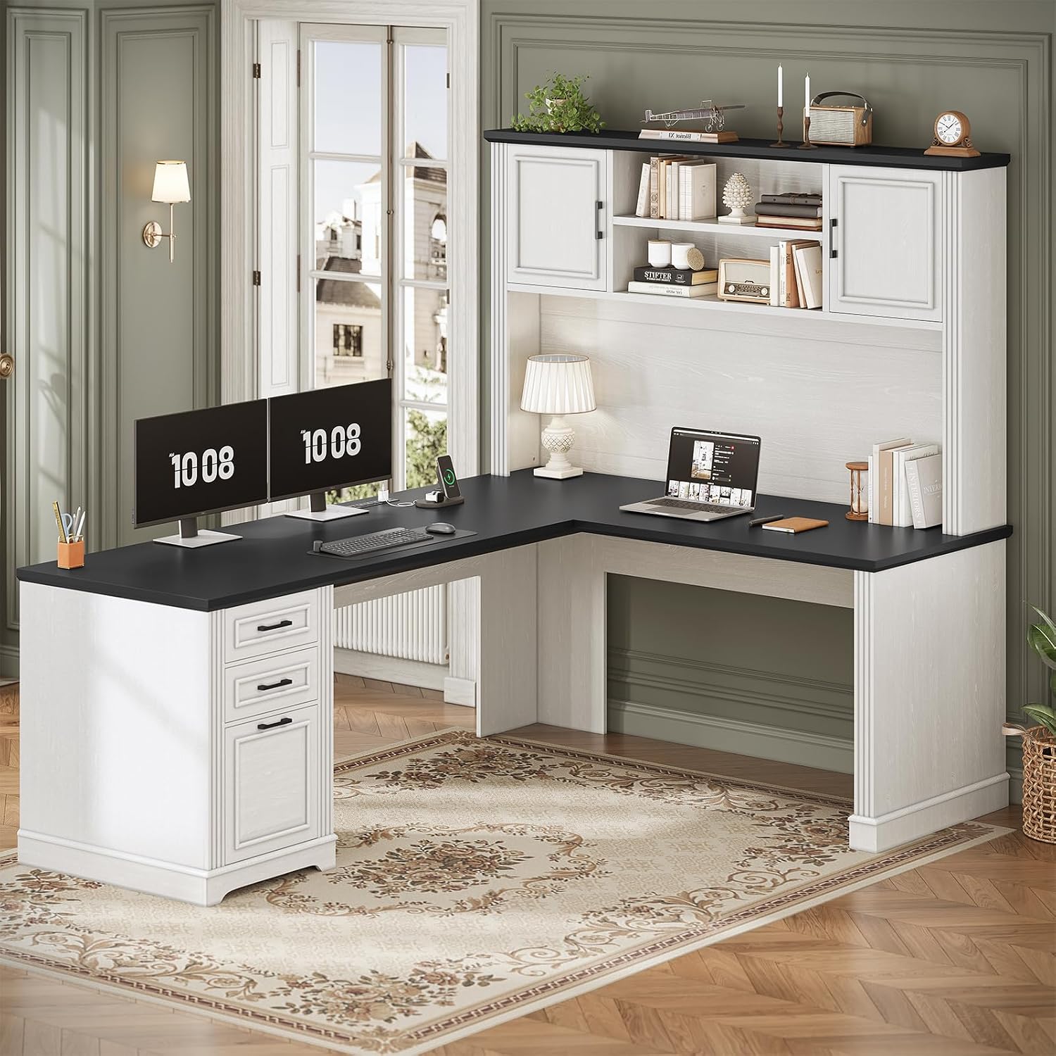 Home Office L Shaped Desk - โต๊ะทำงานรูปตัว L พร้อมตู้เก็บของและลิ้นชัก 3 ช่อง, โต๊ะเข้ามุมขนาด