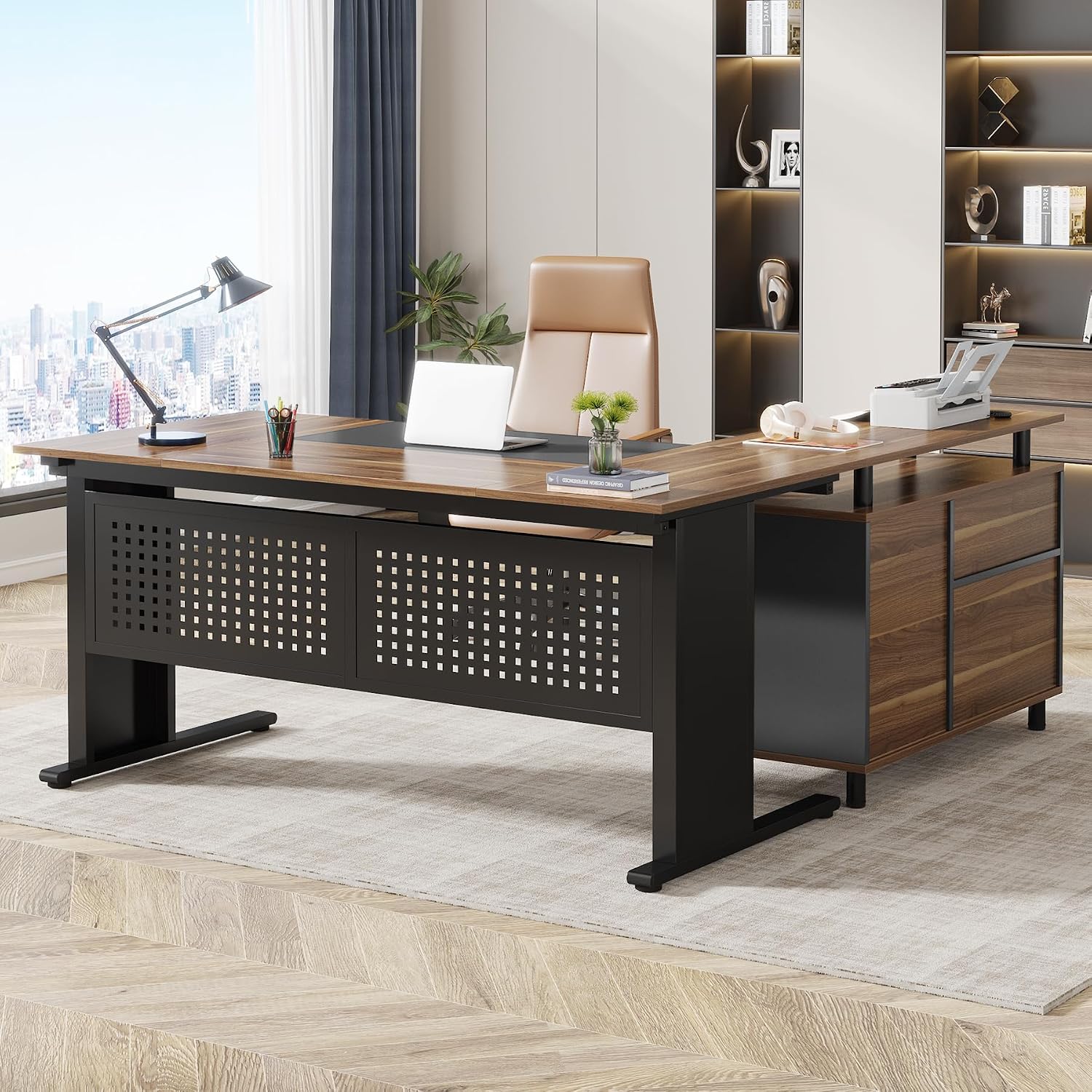 Home Office L Shaped Desk - โต๊ะทำงานรูปตัว L ขนาด 63 นิ้ว พร้อมตู้เก็บเอกสาร