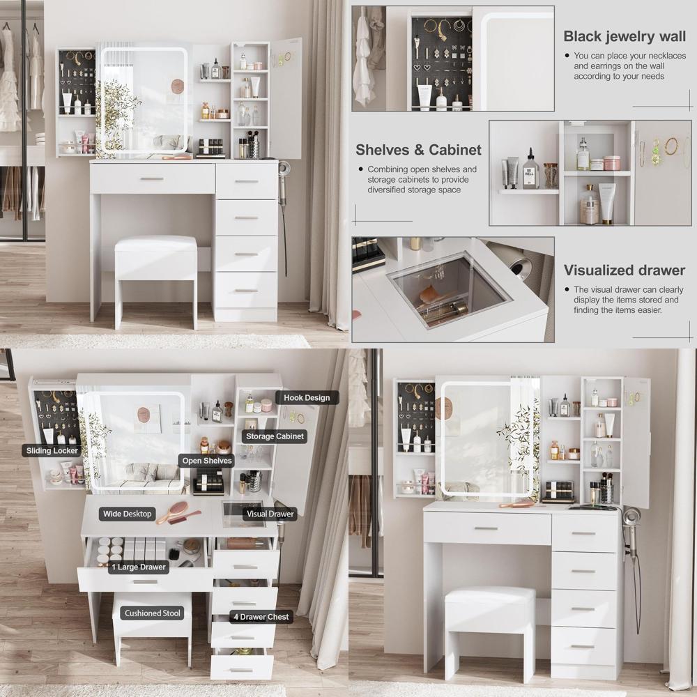 Power Strip Desk - โต๊ะเครื่องแป้งสีขาวพร้อมกระจก ไฟ และปลั๊กไฟฟ้า ชุดโต๊ะแต่งหน้าพร้อมที่เก็บของแบบเลื่อนได้ 5 ลิ้นชักและชั้นวาง