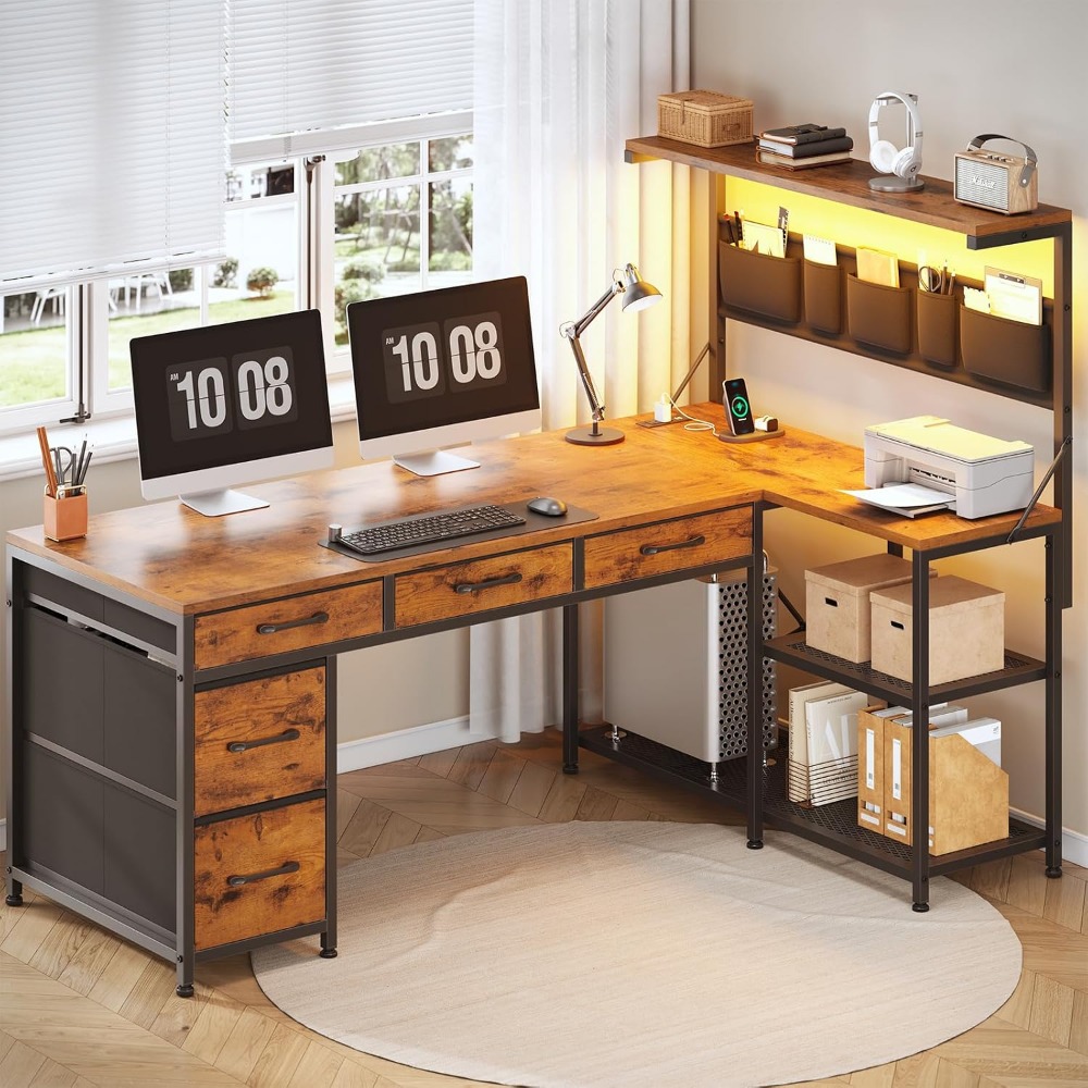 Home Office L Shaped Desk - SEDETA โต๊ะทำงานรูปตัว L พร้อมลิ้นชักและตู้เก็บของ โต๊ะคอมพิวเตอร์สำนักงานแบบพลิกกลับได้ขนาด 47.2