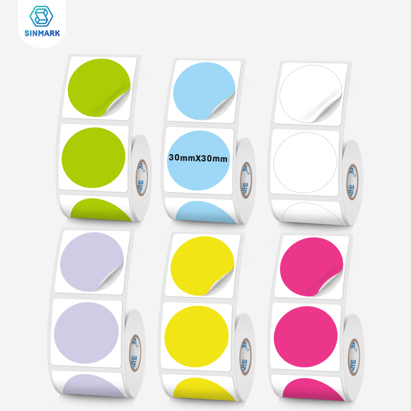 Label Maker Machine - สติกเกอร์กระดาษความร้อนฉลากสีแบบวงกลมใช้สําหรับเครื่องพิมพ์พกพา Sinmark เส้นผ่านศูนย์กลาง 30 มม. กระดาษฉลากกาวกันน้ํา