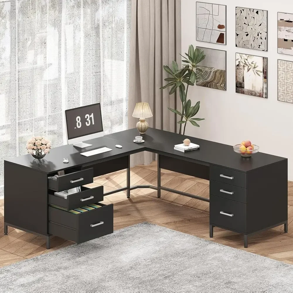 Home Office L Shaped Desk - โต๊ะทำงานไม้รูปตัว L ขนาดใหญ่พร้อมตู้เก็บของ เหมาะสำหรับโฮมออฟฟิศ การเขียนงานระดับผู้บริหาร และการอ่านหนังสือ
