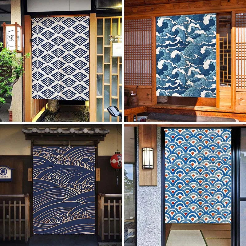 Home Office Room Inspiration - ม่านโนเรนที่ได้แรงบันดาลใจจากคลื่นยักษ์ VIKAMA Ukiyo-E, พรมญี่ปุ่นสีน้ำเงินและสีขาว, ฉากกั้นความเป็นส่วนตัวสำหรับห้องนั่งเล่น, ห้องน้ำ,