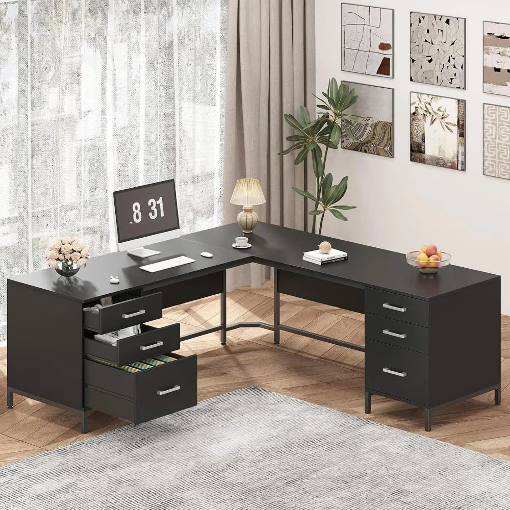 Home Office L Shaped Desk - โต๊ะทำงานรูปตัว L ขนาด 59 นิ้ว พร้อมลิ้นชักไม้